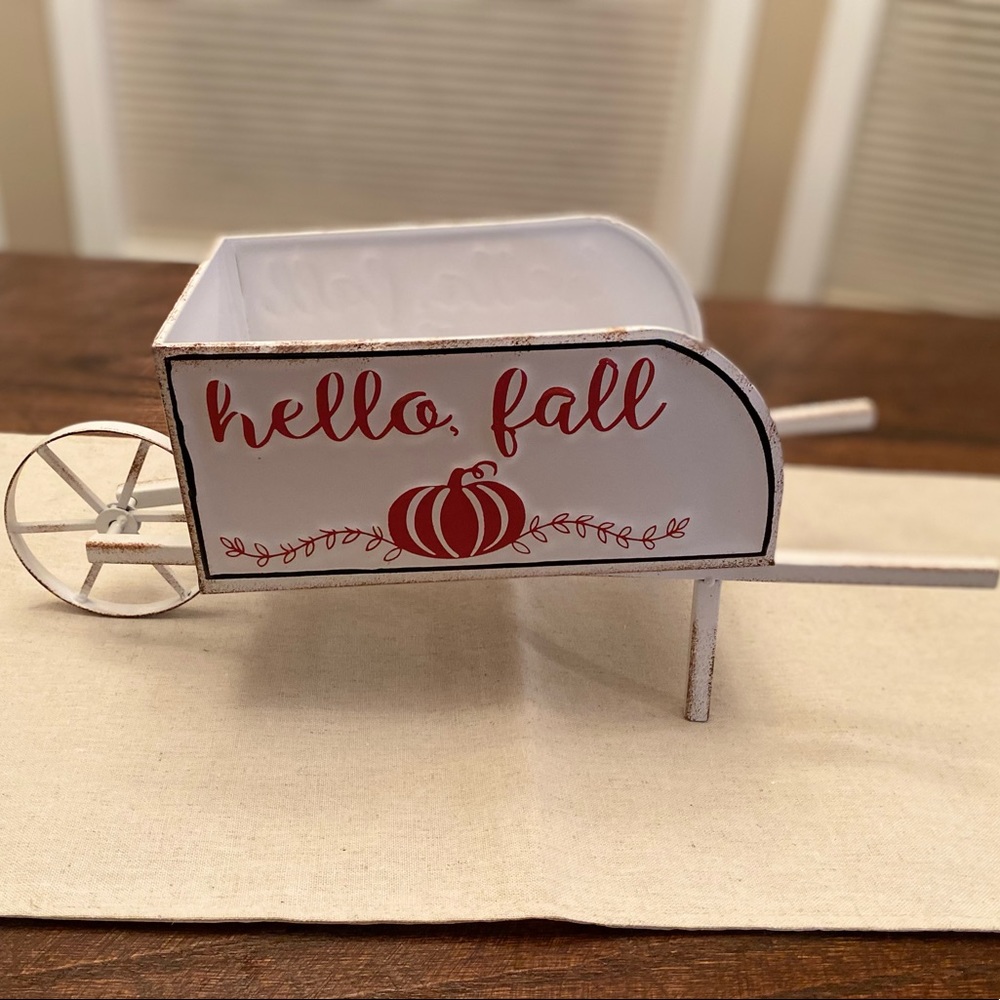 Fall Decor, Hello Fall Wheelbarrow Decor, Fall Metal Wheelbarrow Centerpiece - Picture 6 of 16